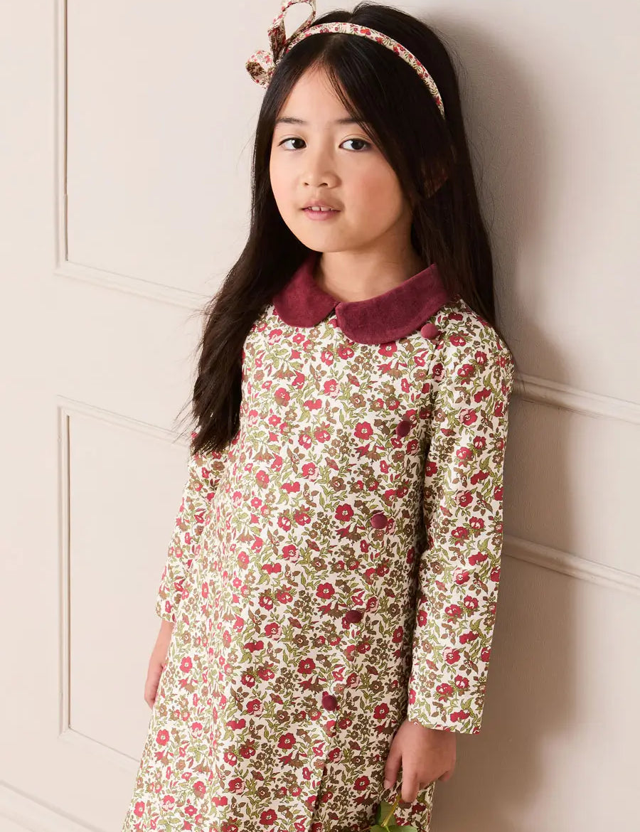 Daphne Floral Long Sleeve Velvet Collar Dress in Burgundy (18mths-10yrs) Dresses from Pepa London US