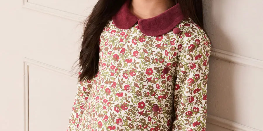 Daphne Floral Long Sleeve Velvet Collar Dress in Burgundy (18mths-10yrs) Dresses from Pepa London US