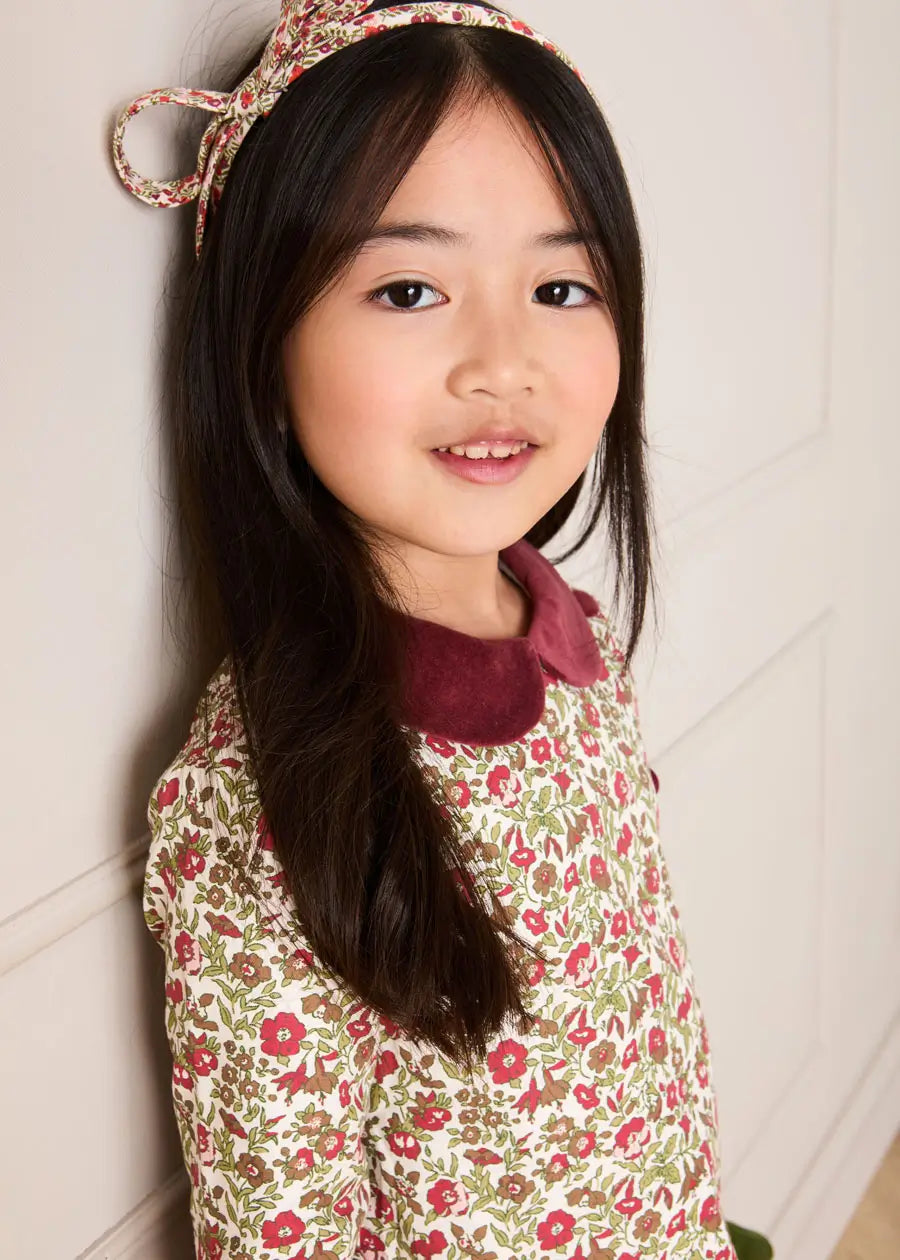 Daphne Floral Long Sleeve Velvet Collar Dress in Burgundy (18mths-10yrs) Dresses from Pepa London US