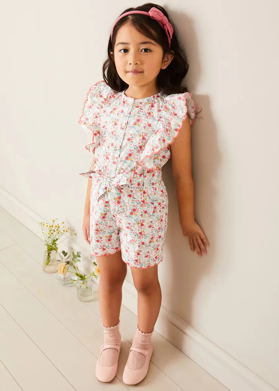 Louisa Floral Ruffle Detail Playsuit in Pink (4-12yrs) DUNGAREES from Pepa London US