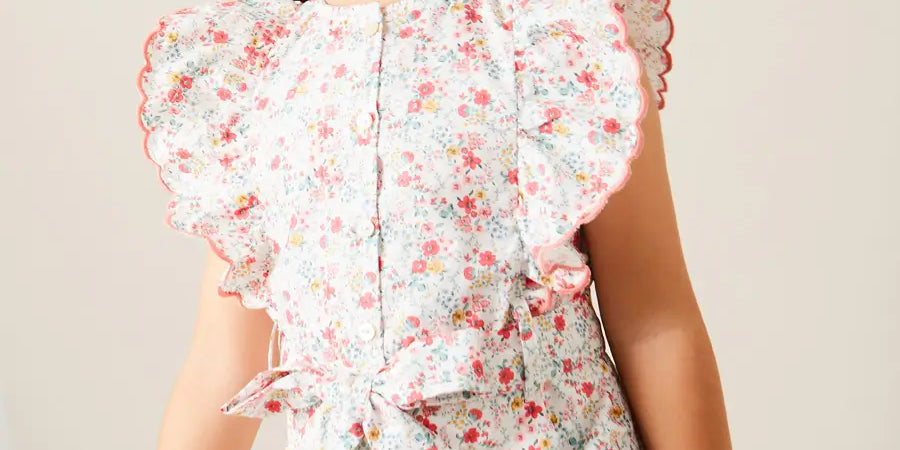 Louisa Floral Ruffle Detail Playsuit in Pink (4-12yrs) DUNGAREES from Pepa London US