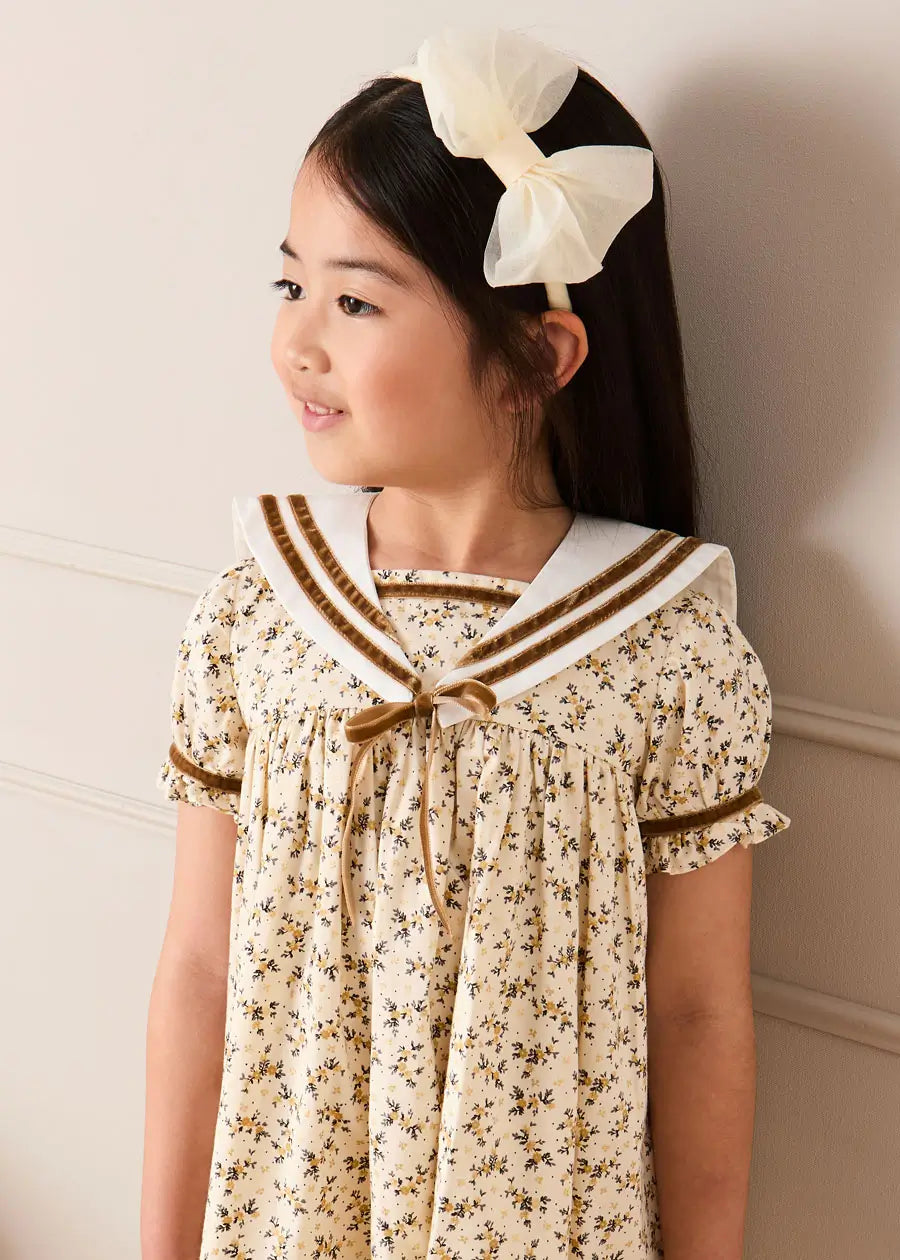 Cora Floral Mariner Collar Velvet Trim Dress in Toffee (18mths-10yrs) Dresses from Pepa London US