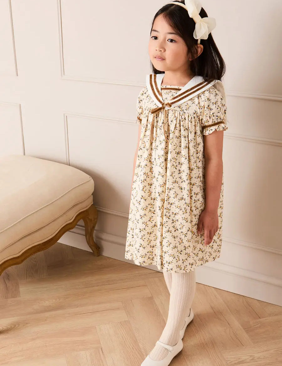 Cora Floral Mariner Collar Velvet Trim Dress in Toffee (18mths-10yrs) Dresses from Pepa London US