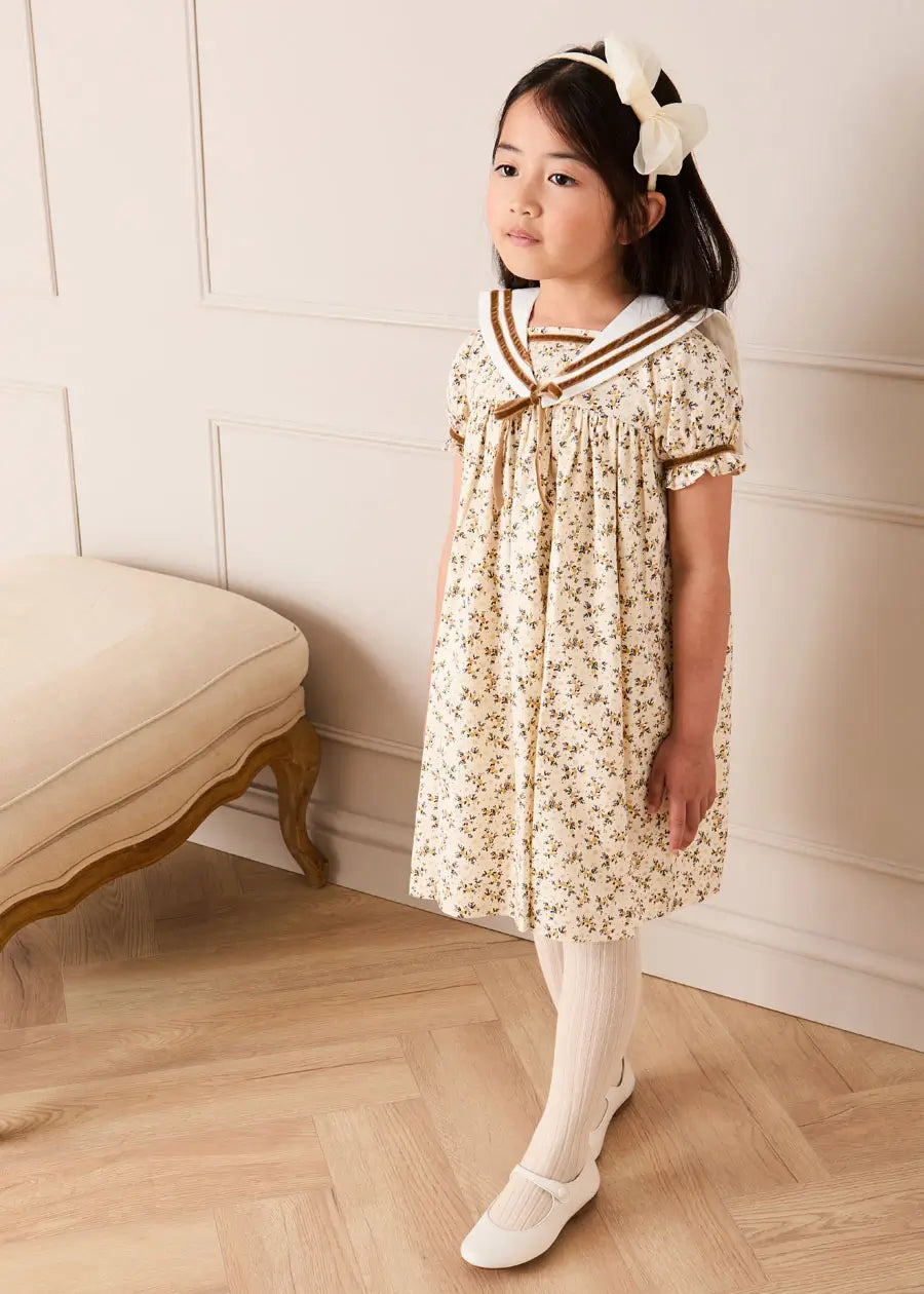 Cora Floral Mariner Collar Velvet Trim Dress in Toffee (18mths-10yrs) Dresses from Pepa London US
