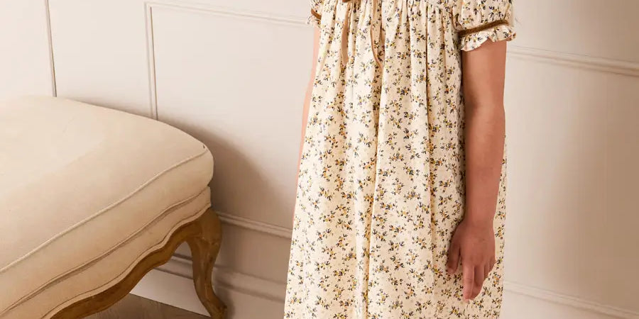 Cora Floral Mariner Collar Velvet Trim Dress in Toffee (18mths-10yrs) Dresses from Pepa London US