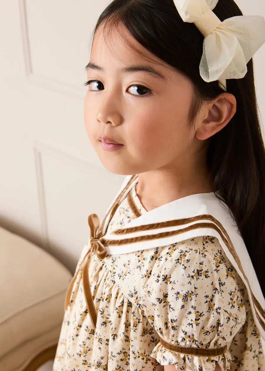 Cora Floral Mariner Collar Velvet Trim Dress in Toffee (18mths-10yrs) Dresses from Pepa London US