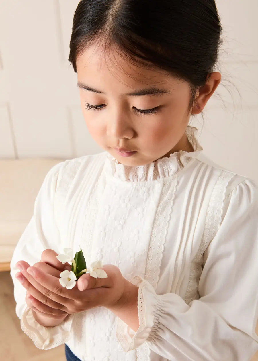 Flower Embroidered Lace Detail Top in White (3-10yrs) Tops & Bodysuits from Pepa London US