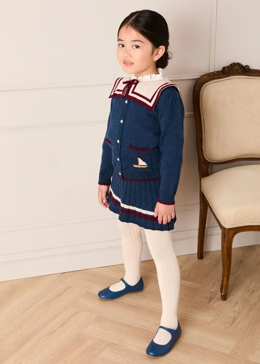 Mariner Collar Jacquard Boat Embroidered Detail Cardigan in Navy (3-10yrs) Knitwear from Pepa London US