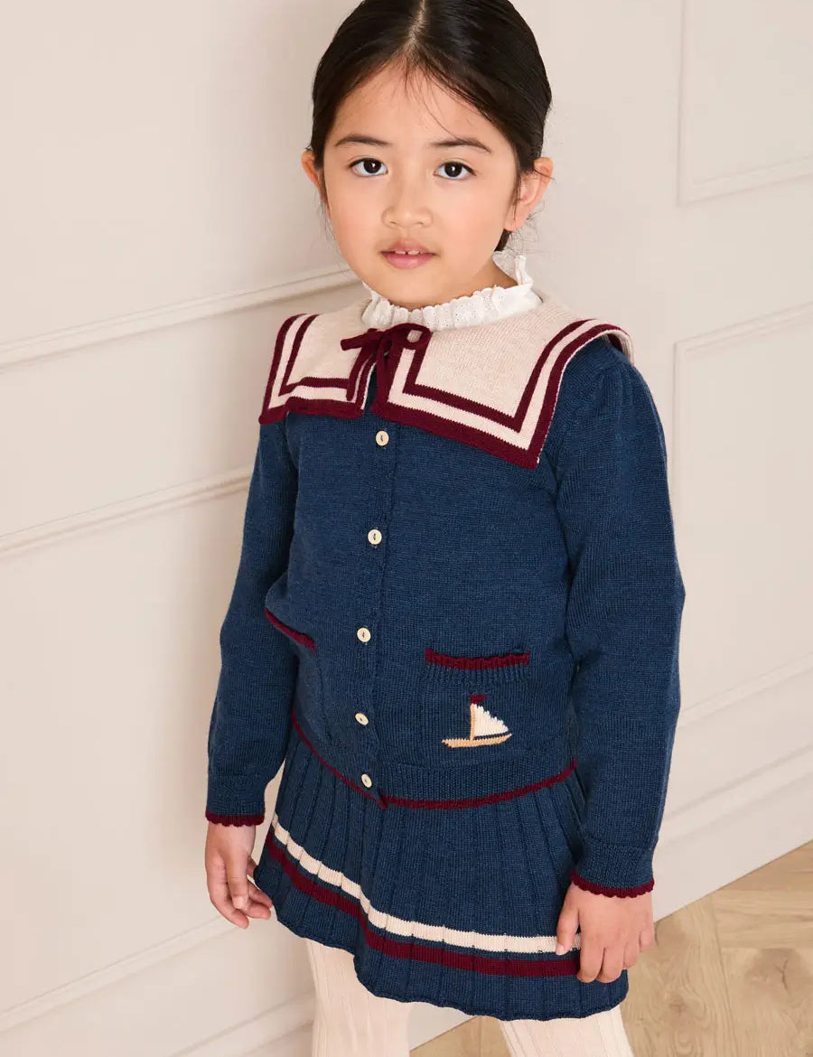 Mariner Collar Jacquard Boat Embroidered Detail Cardigan in Navy (3-10yrs) Knitwear from Pepa London US