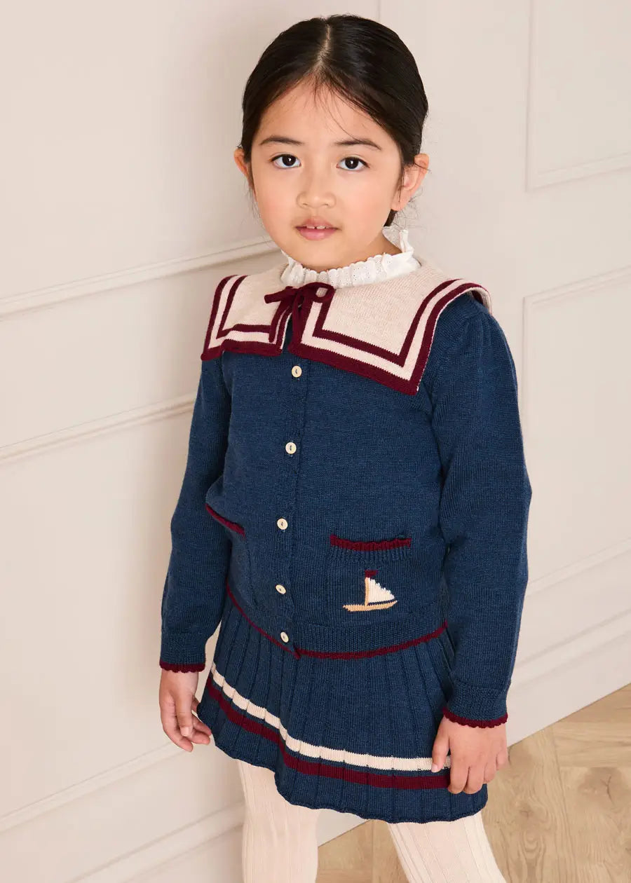 Mariner Collar Jacquard Boat Embroidered Detail Cardigan in Navy (3-10yrs) Knitwear from Pepa London US