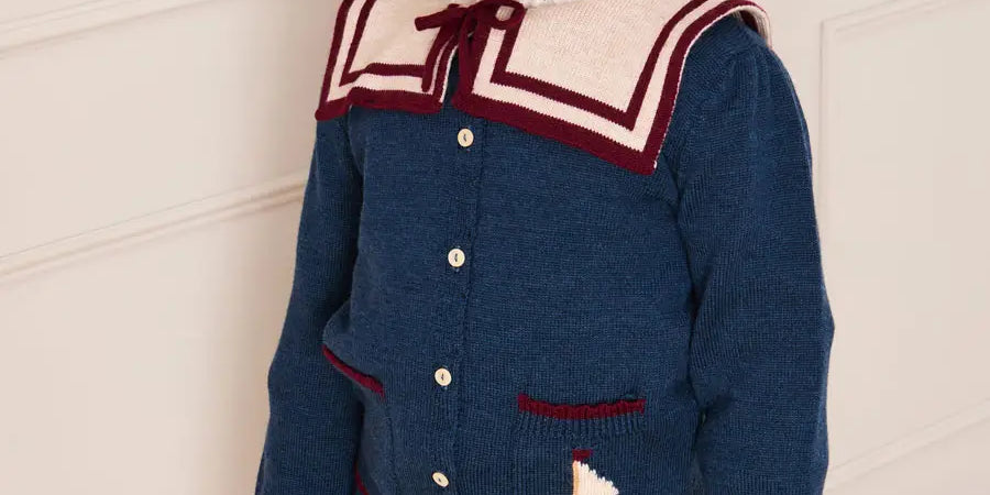 Mariner Collar Jacquard Boat Embroidered Detail Cardigan in Navy (3-10yrs) Knitwear from Pepa London US
