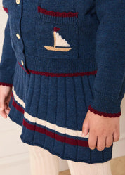 Mariner Collar Jacquard Boat Embroidered Detail Cardigan in Navy (3-10yrs) Knitwear from Pepa London US