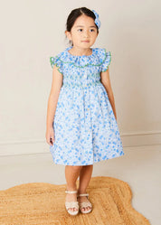 Olivia Floral Smocked Ruffle Collar Sleeveless Dress in Blue (12mths-10yrs) DRESSES from Pepa London US
