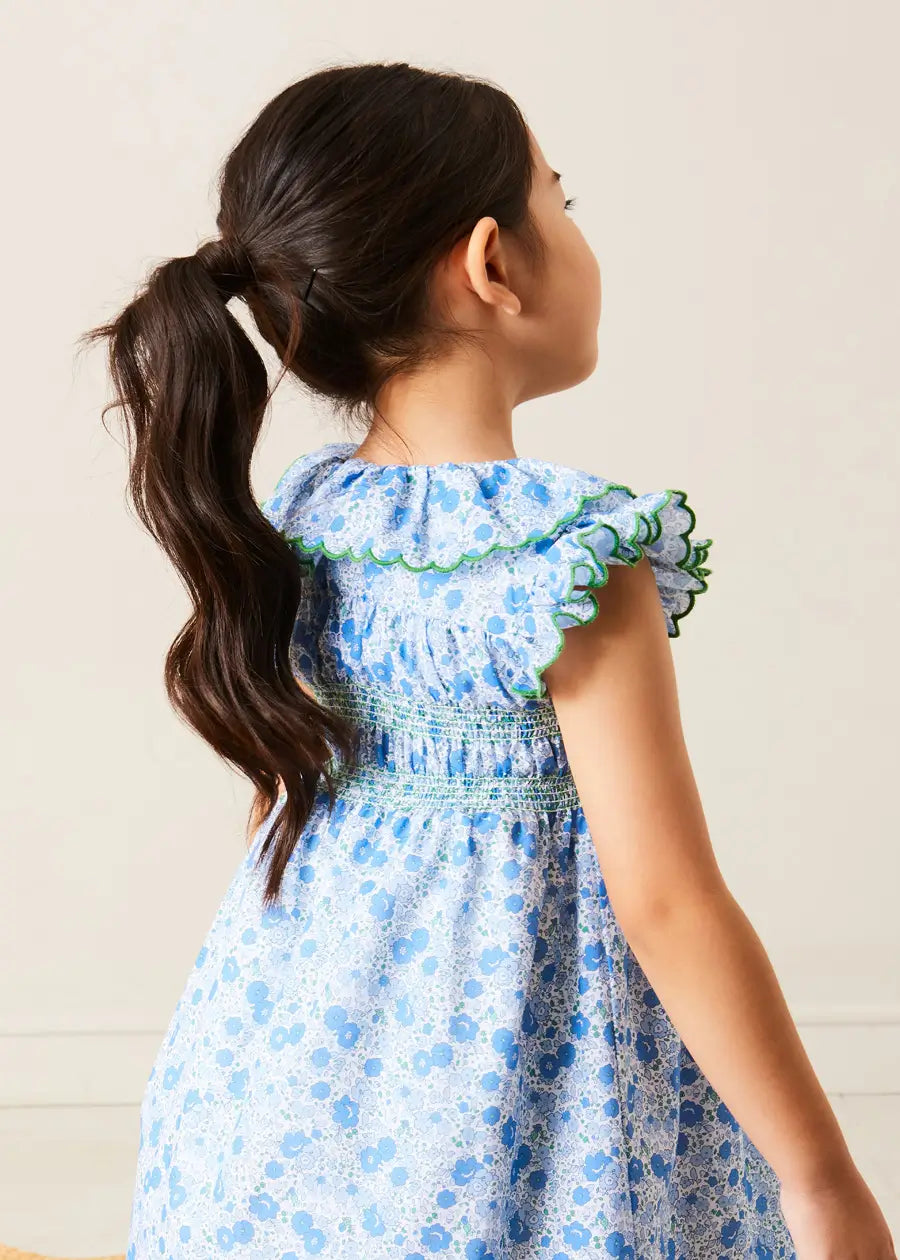 Olivia Floral Smocked Ruffle Collar Sleeveless Dress in Blue (12mths-10yrs) DRESSES from Pepa London US