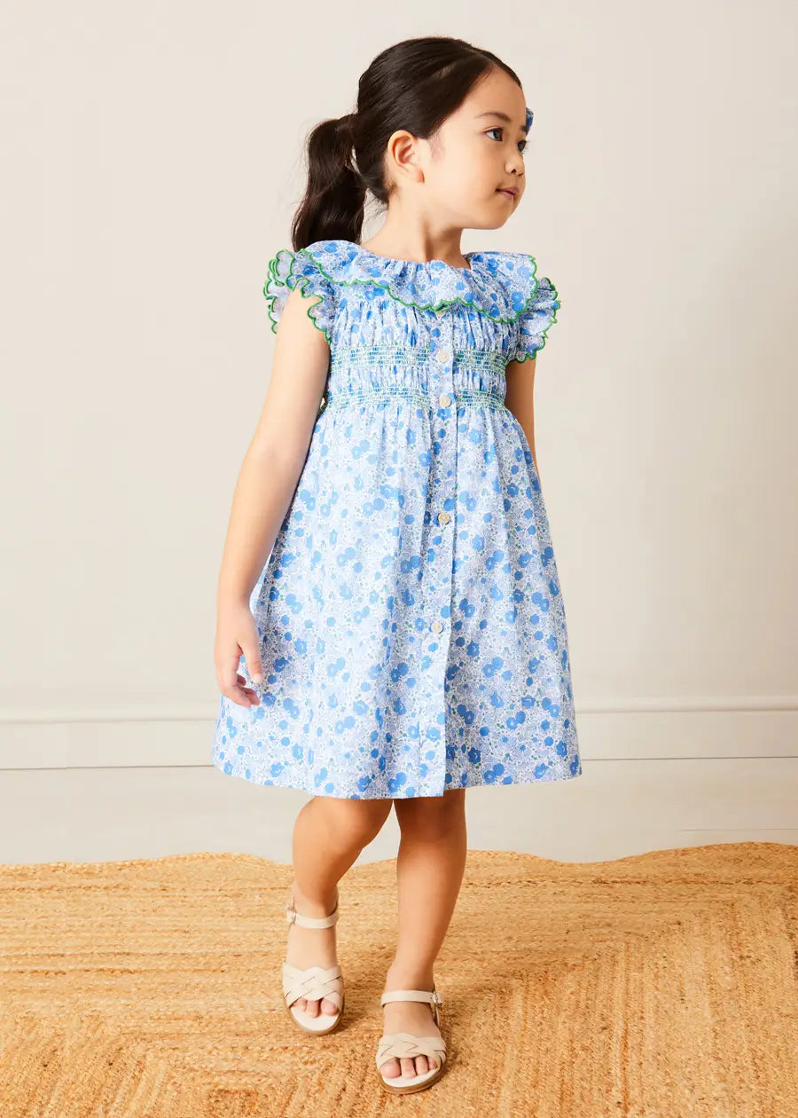 Olivia Floral Smocked Ruffle Collar Sleeveless Dress in Blue (12mths-10yrs) DRESSES from Pepa London US