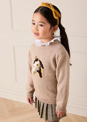 Horse Embroidered Button Detail Jumper in Beige (18mths-10yrs) Knitwear from Pepa London US