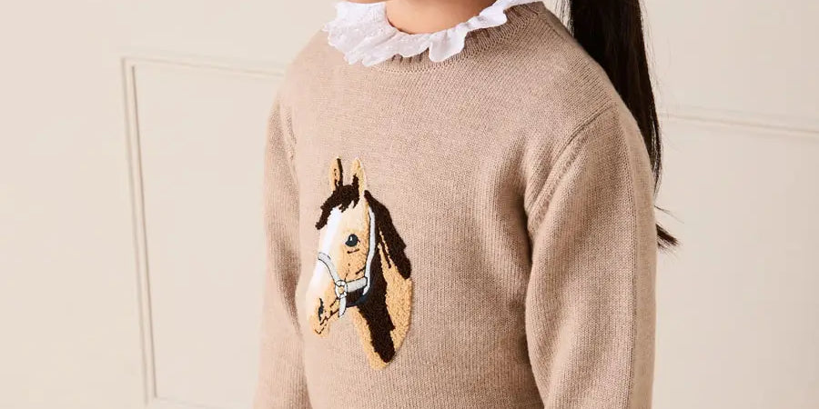 Horse Embroidered Button Detail Jumper in Beige (18mths-10yrs) Knitwear from Pepa London US