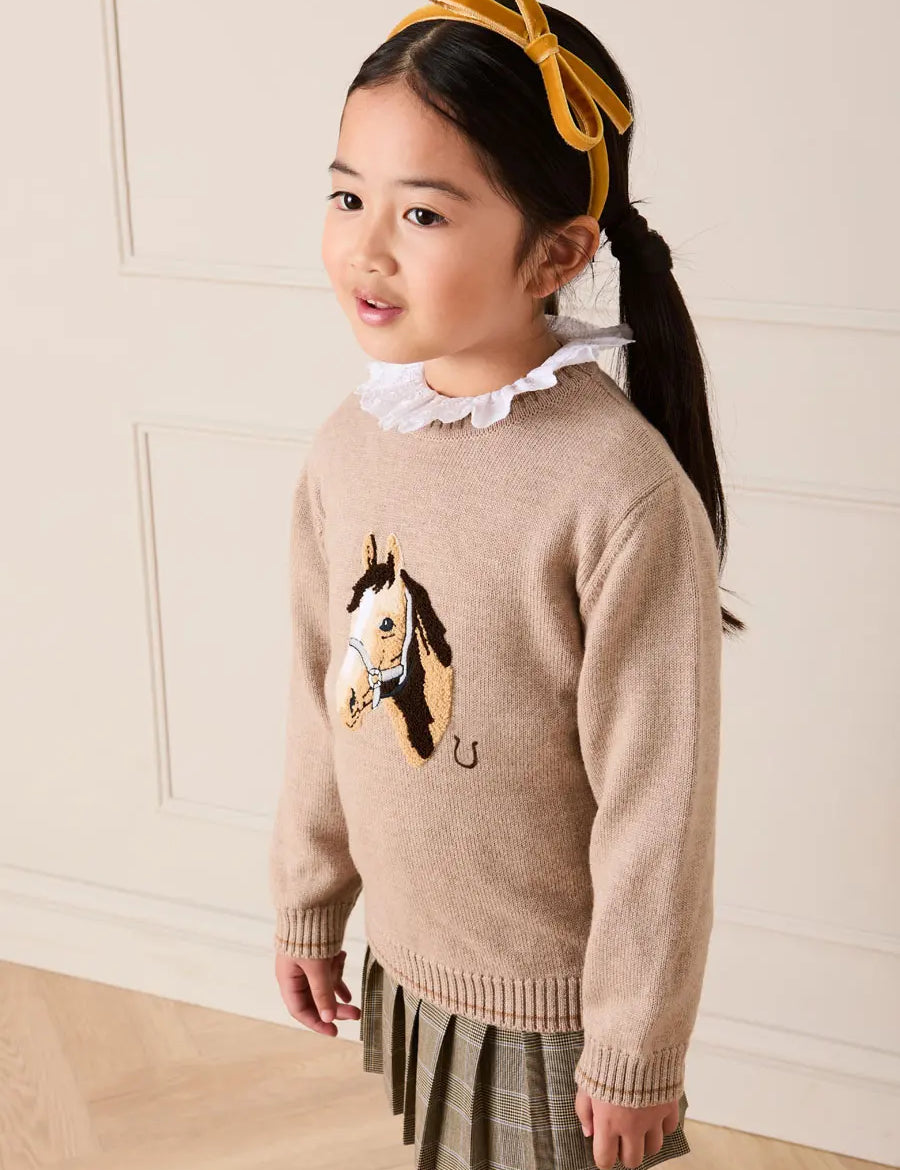 Horse Embroidered Button Detail Jumper in Beige (18mths-10yrs) Knitwear from Pepa London US