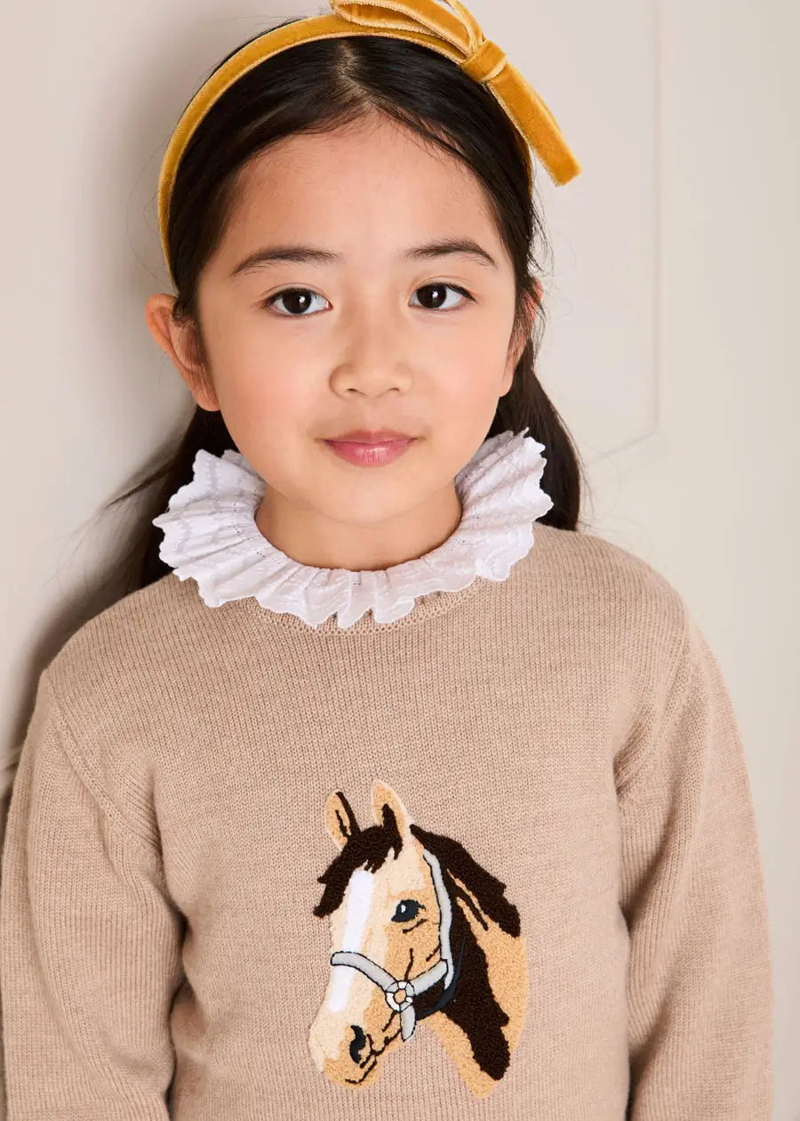 Horse Embroidered Button Detail Jumper in Beige (18mths-10yrs) Knitwear from Pepa London US