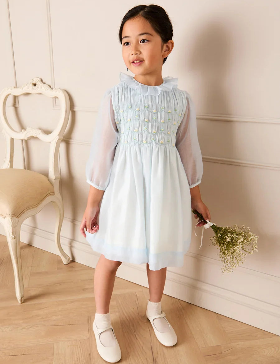 Daisy Embroidered Hand Smocked Long Sleeve Dress in Blue (18mths-8yrs) DRESSES from Pepa London US