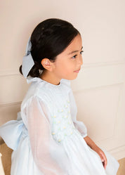 Daisy Embroidered Hand Smocked Long Sleeve Dress in Blue (18mths-8yrs) Dresses from Pepa London