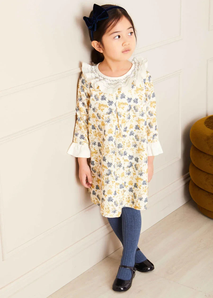 Eliza Floral Hand Smocked Long Sleeve Dress in Beige (2-10yrs) Dresses from Pepa London US