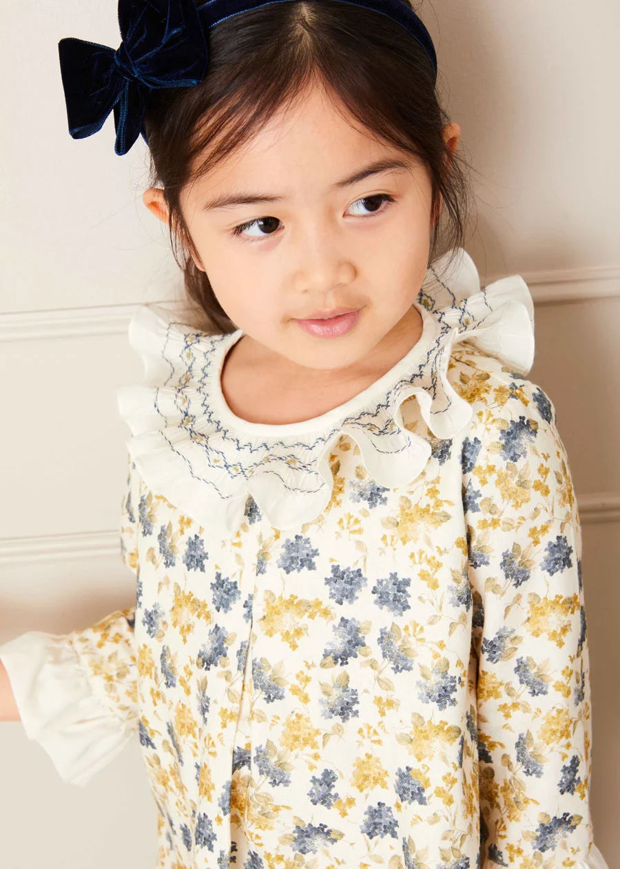 Eliza Floral Hand Smocked Long Sleeve Dress in Beige (2-10yrs) Dresses from Pepa London US