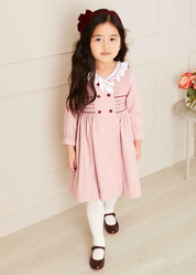 Hand Smocked Double Breasted Long Sleeve Dress in Pink (12mths-10yrs)