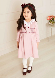 Hand Smocked Double Breasted Long Sleeve Dress in Pink (12mths-10yrs)