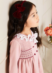 Hand Smocked Double Breasted Long Sleeve Dress in Pink (12mths-10yrs)