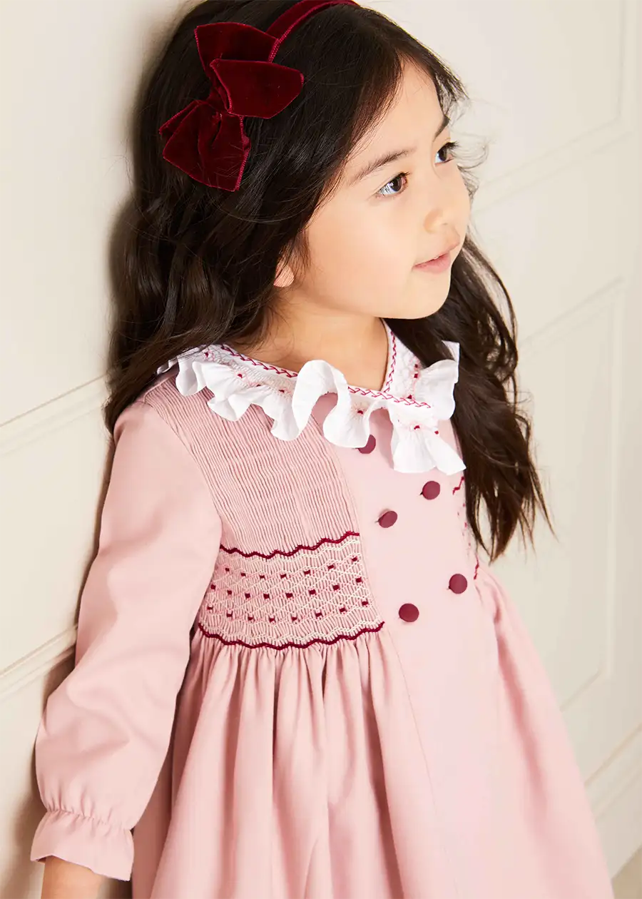 Hand Smocked Double Breasted Long Sleeve Dress in Pink (12mths-10yrs)