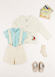 Nautical Boat Embroidery Polo Collar Cardigan in Cream (12mths-6yrs) Knitwear from Pepa London US