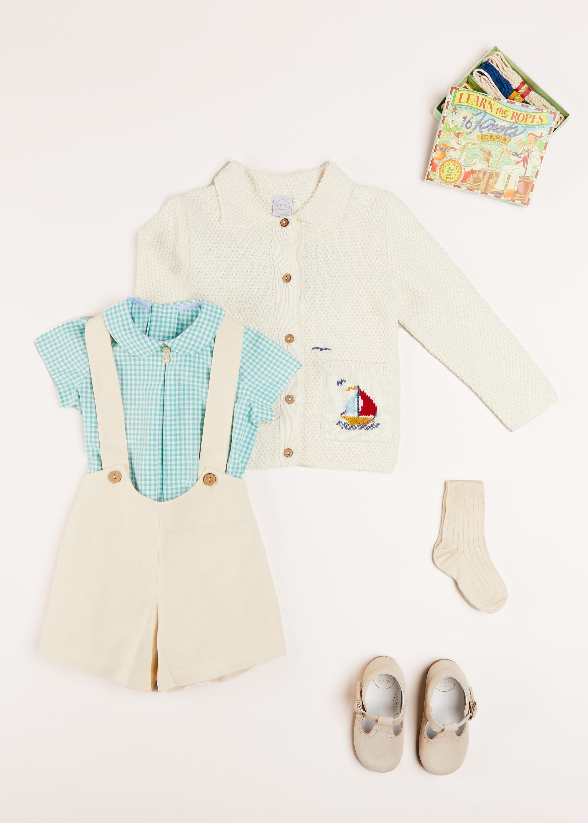 Nautical Boat Embroidery Polo Collar Cardigan in Cream (12mths-6yrs) Knitwear from Pepa London US