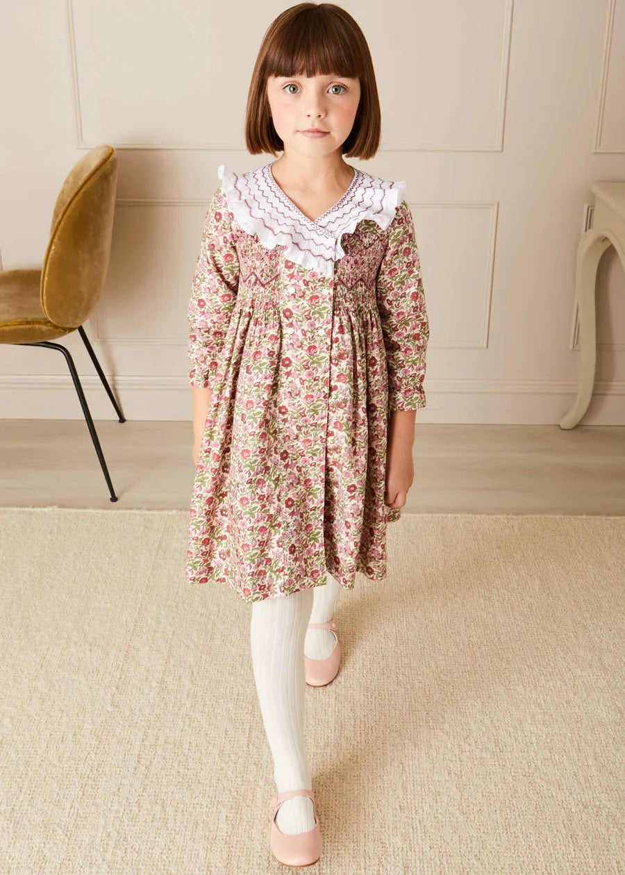 Daphne Floral Hand Smocked Double Breasted Dress in Pink (18mths-10yrs) Dresses from Pepa London US
