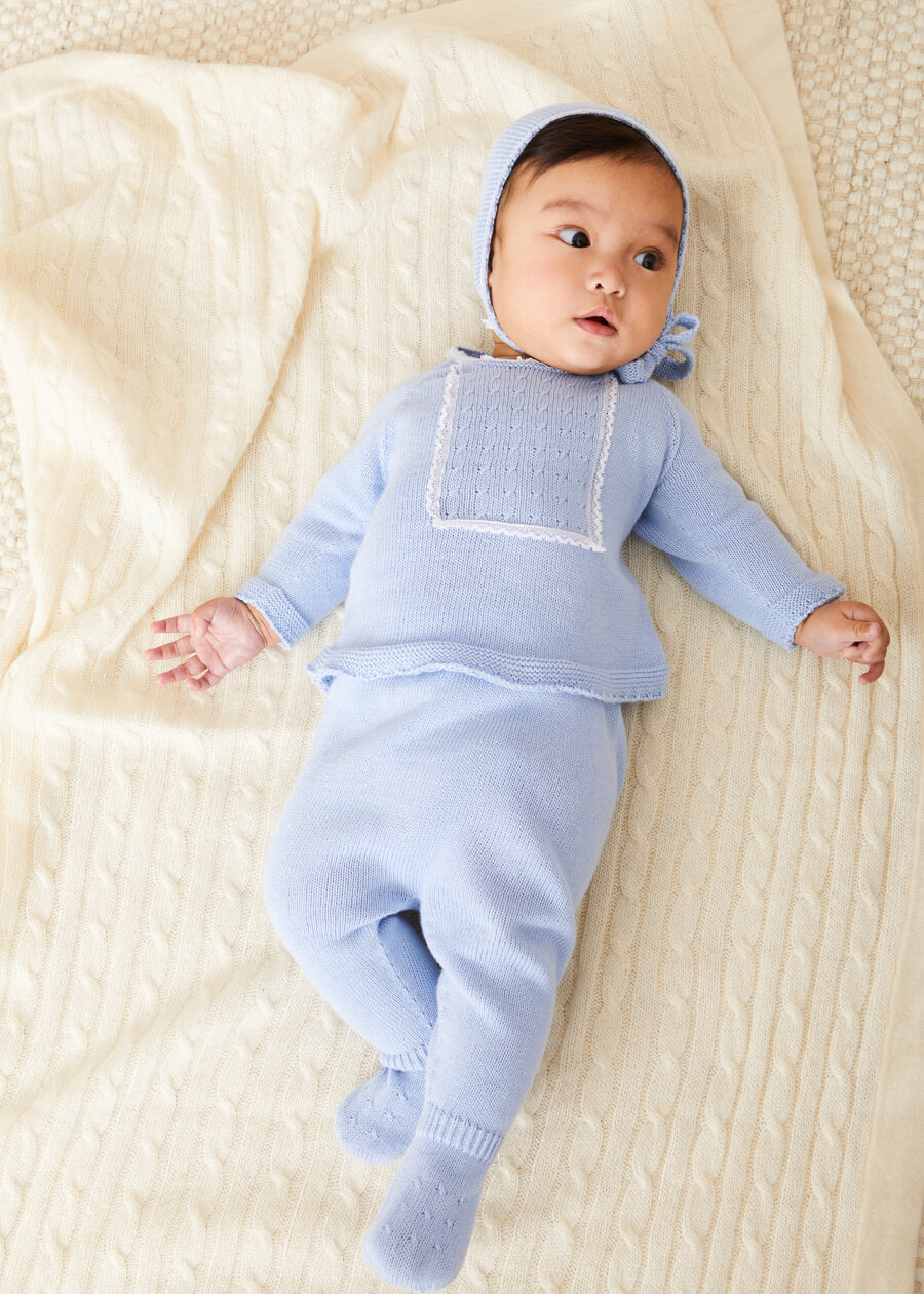 Lace Trim Knitted Set in Blue (1-12mths) Knitted Sets from Pepa London US