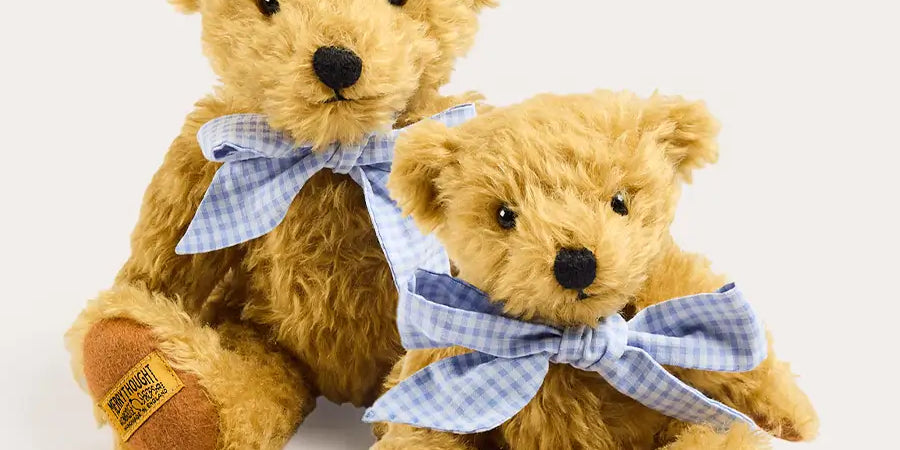 Limited Edition Merrythought & Pepa Teddy Bear with Beauchamp Gingham Bow in Blue (S-M) TOYS from Pepa London US