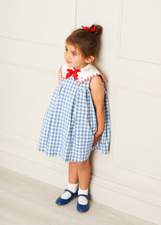 Darby Gingham Embroidered Sleeveless Dress in Blue (12mths-12yrs) Dresses from Pepa London