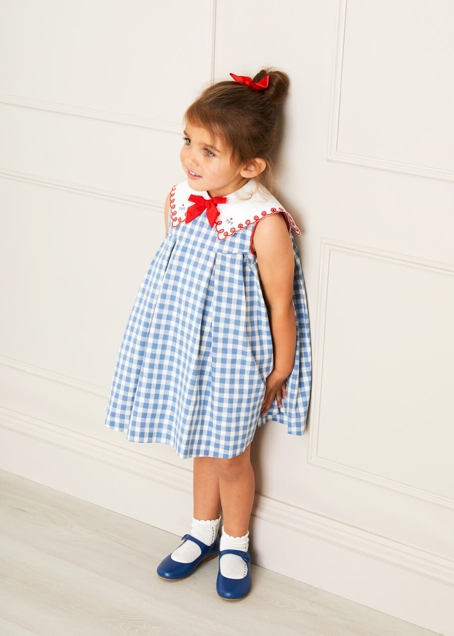 Darby Gingham Embroidered Sleeveless Dress in Blue (12mths-12yrs) DRESSES from Pepa London US