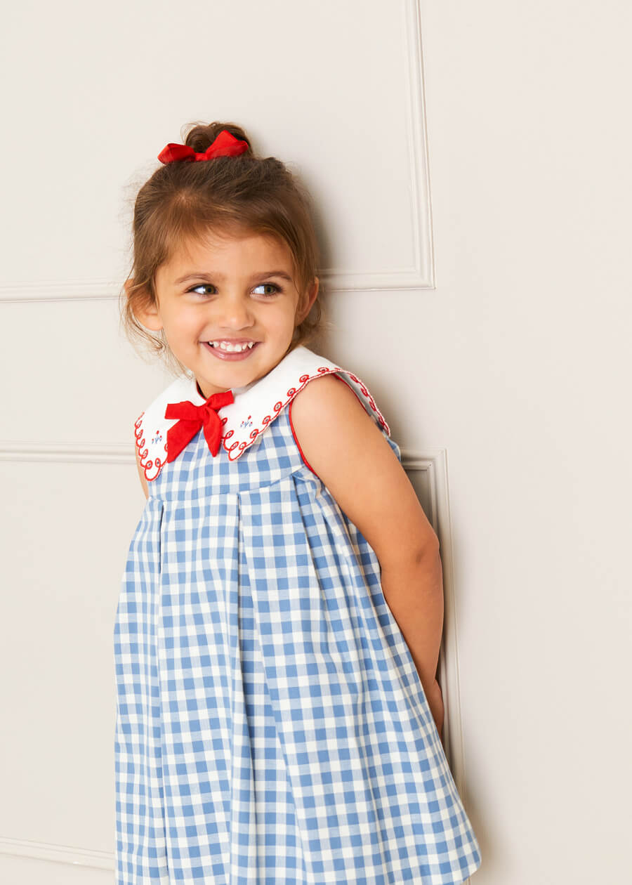Darby Gingham Embroidered Sleeveless Dress in Blue (12mths-12yrs) Dresses from Pepa London