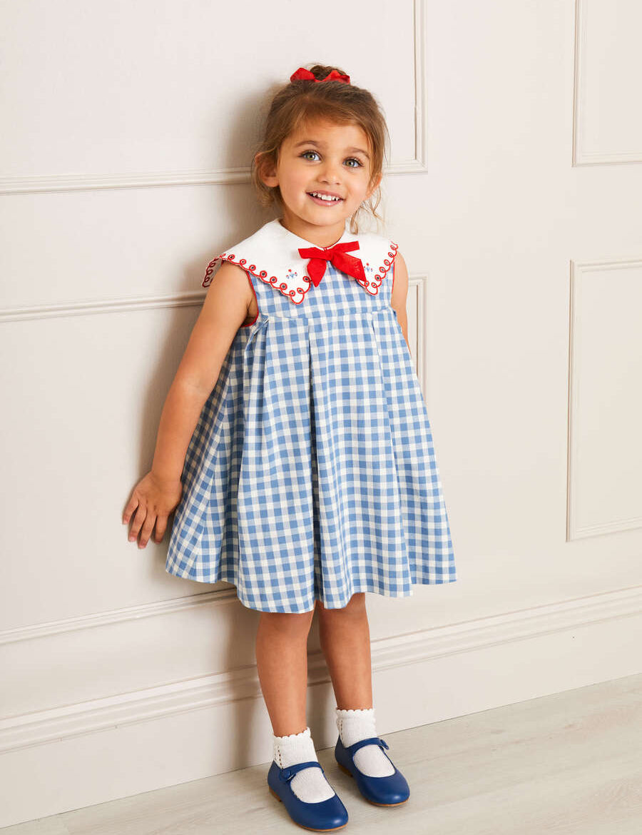 Embroidered Gingham Sleeveless Dress in Blue (12mths-12yrs) Dresses from Pepa London US