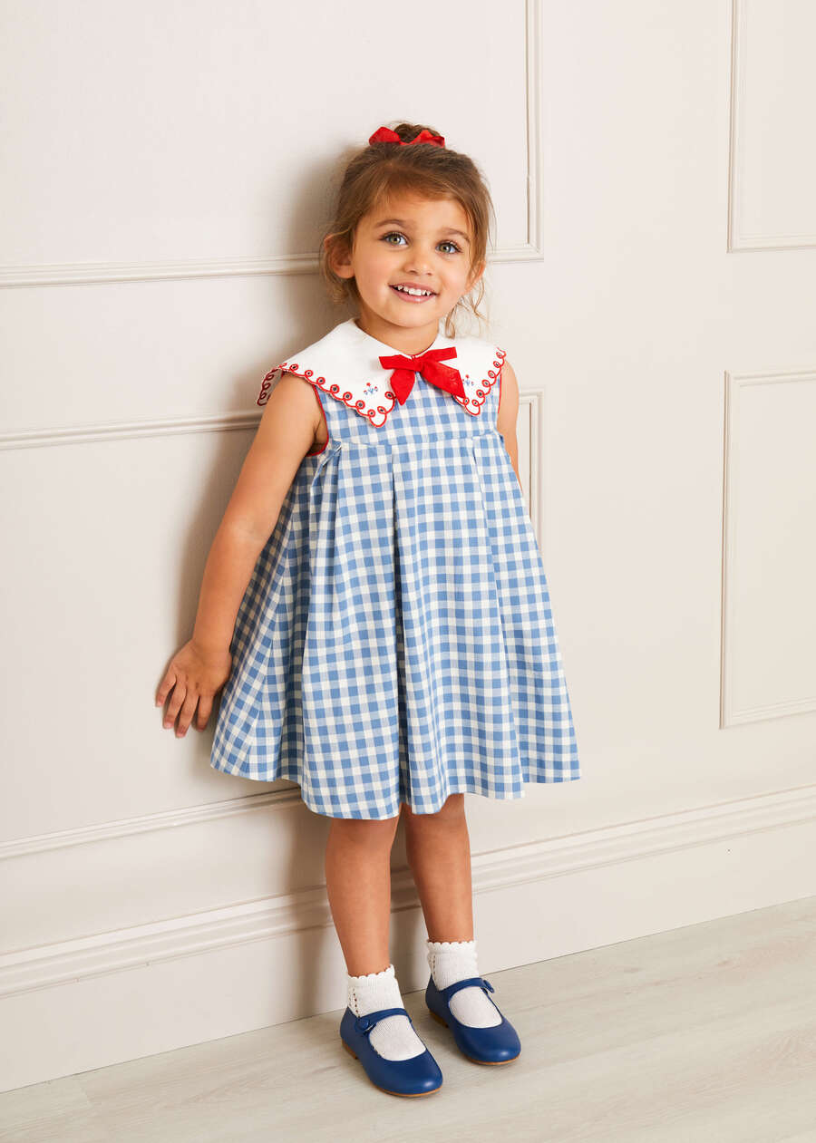 Embroidered Gingham Sleeveless Dress in Blue (12mths-12yrs) Dresses from Pepa London US