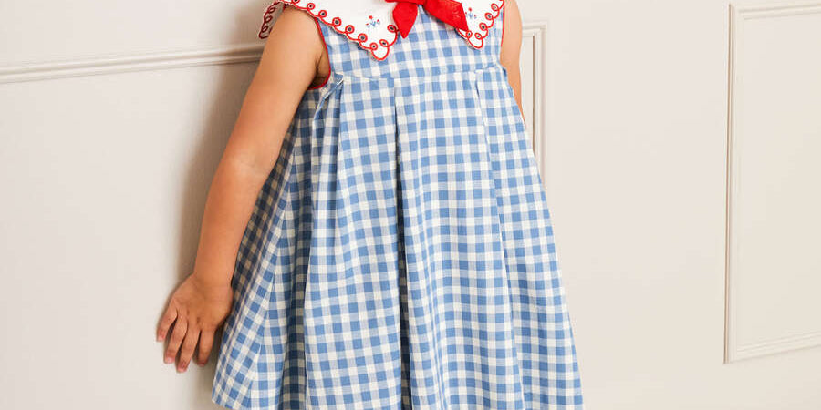 Darby Gingham Embroidered Sleeveless Dress in Blue (12mths-12yrs) DRESSES from Pepa London US
