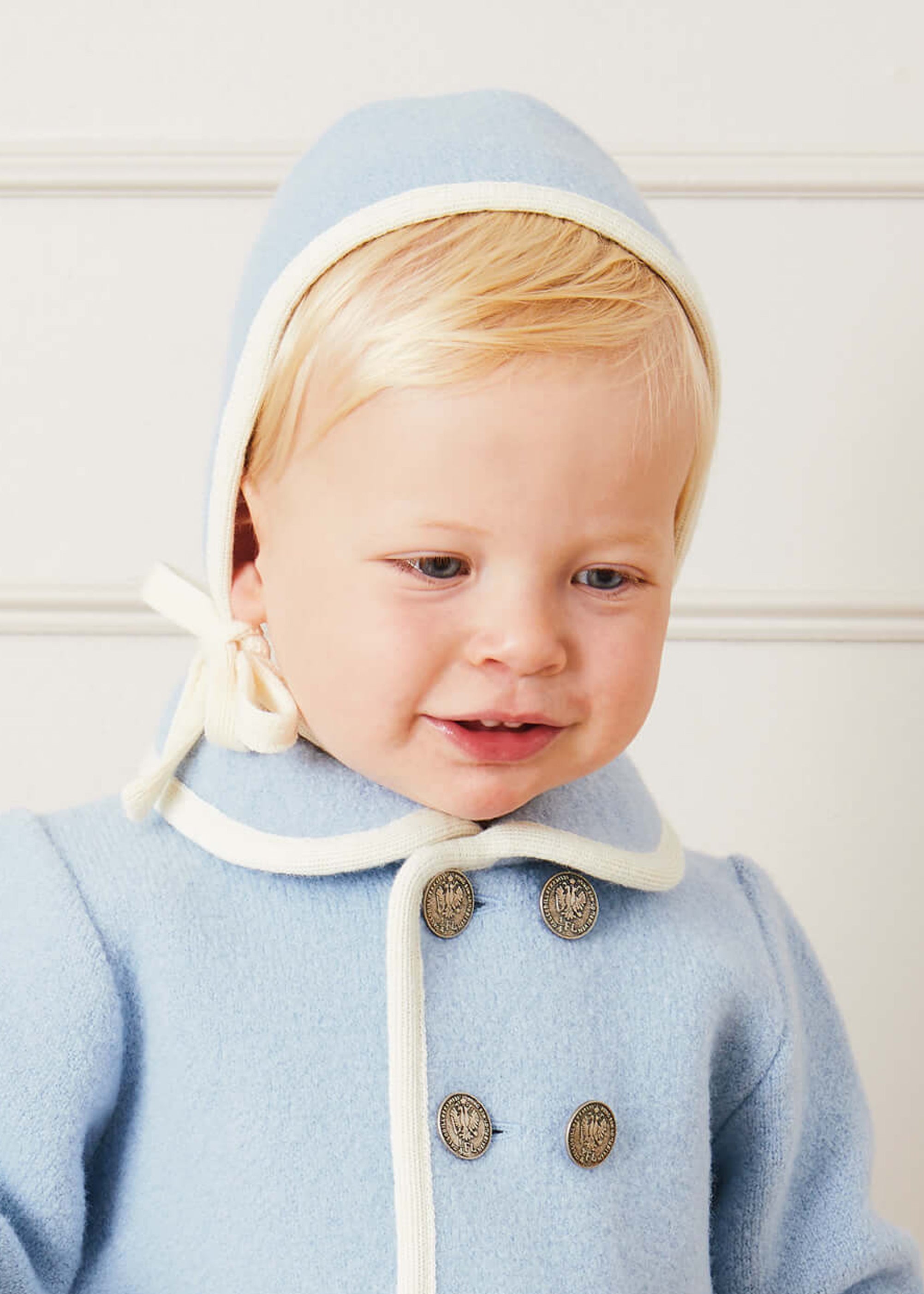 Classic Austrian Contrast Trim Wool Bonnet in Baby Blue (S-L) Knitted Accessories from Pepa London US