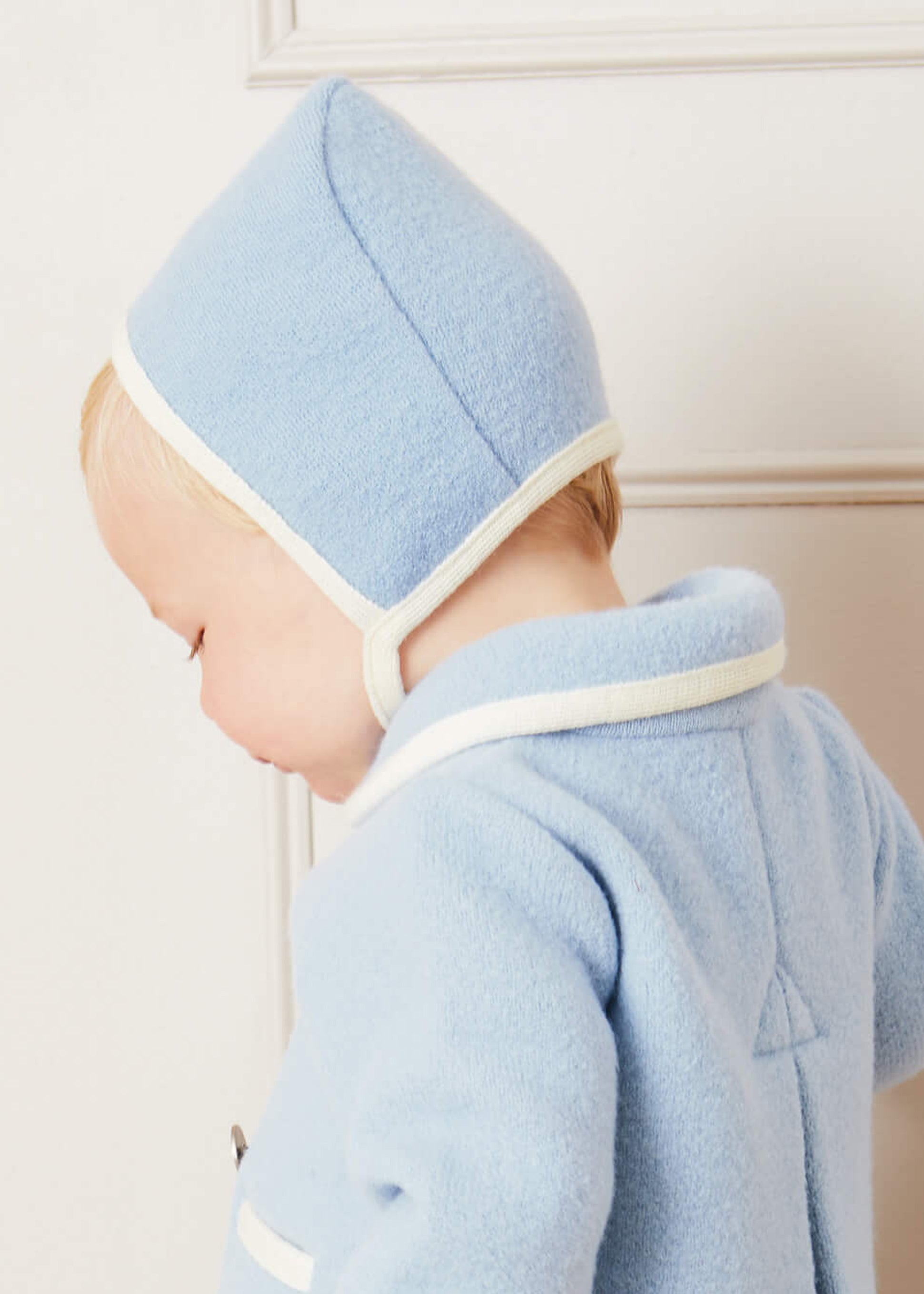 Classic Austrian Contrast Trim Wool Bonnet in Baby Blue (S-L) Knitted Accessories from Pepa London US