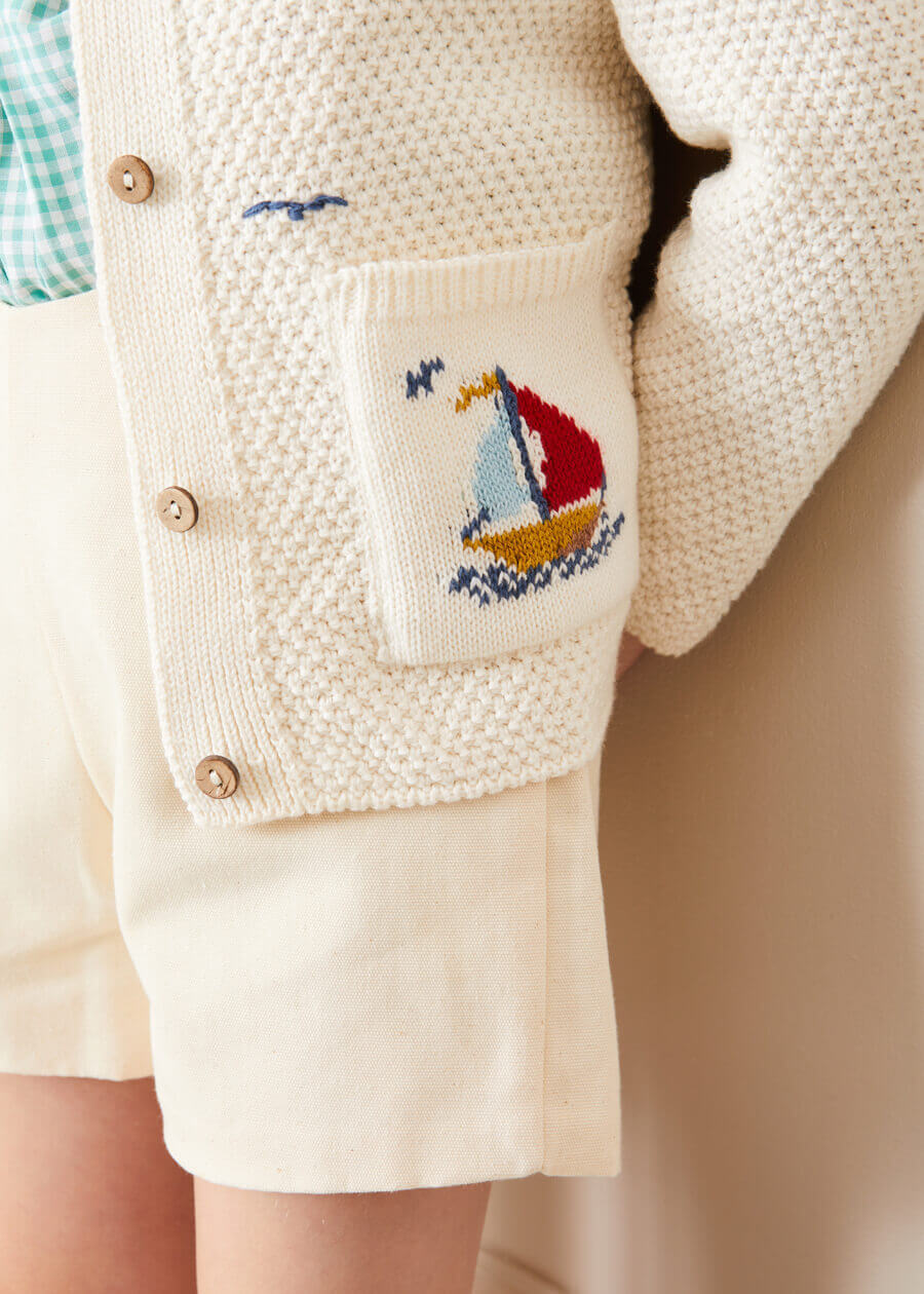 Nautical Boat Embroidery Polo Collar Cardigan in Cream (12mths-6yrs) Knitwear from Pepa London US