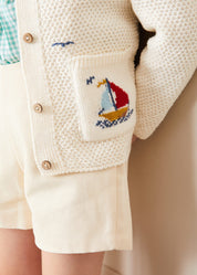 Nautical Boat Embroidery Polo Collar Cardigan in Cream (12mths-6yrs) Knitwear from Pepa London US