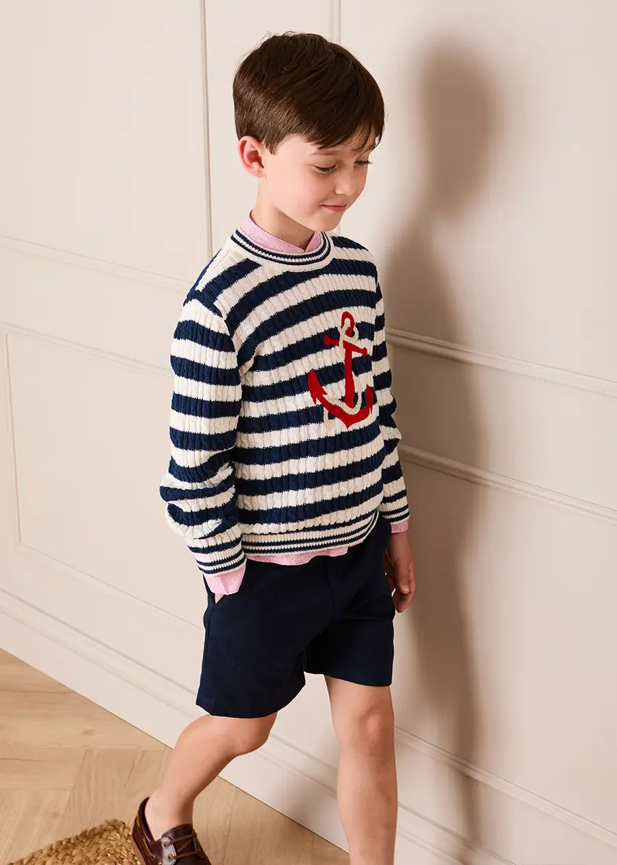 Anchor Motif Cable Knit Sailor Stripe Jumper in Navy (12mths- 10yrs) KNITWEAR from Pepa London US