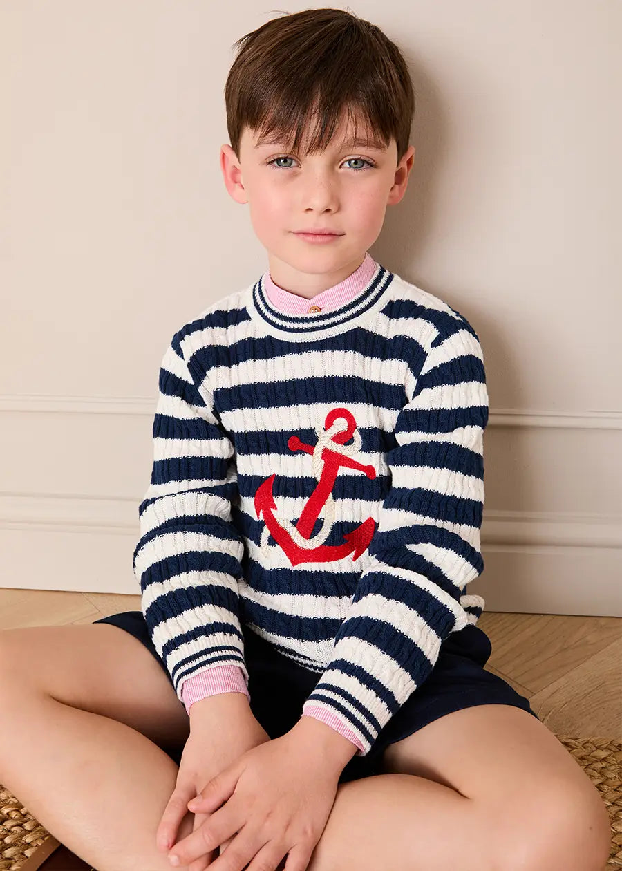 Anchor Motif Cable Knit Sailor Stripe Jumper in Navy (12mths- 10yrs) KNITWEAR from Pepa London US