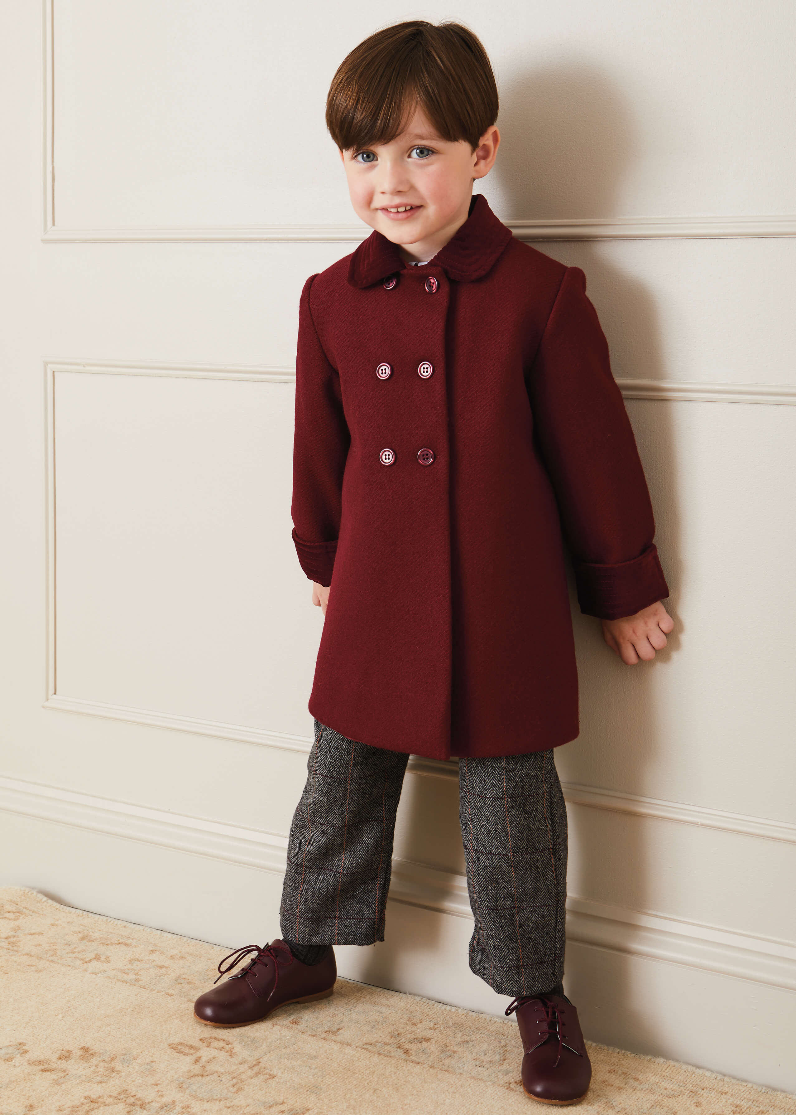 Traditional Double Breasted Coat in Burgundy (12mths-10yrs) Coats  from Pepa London