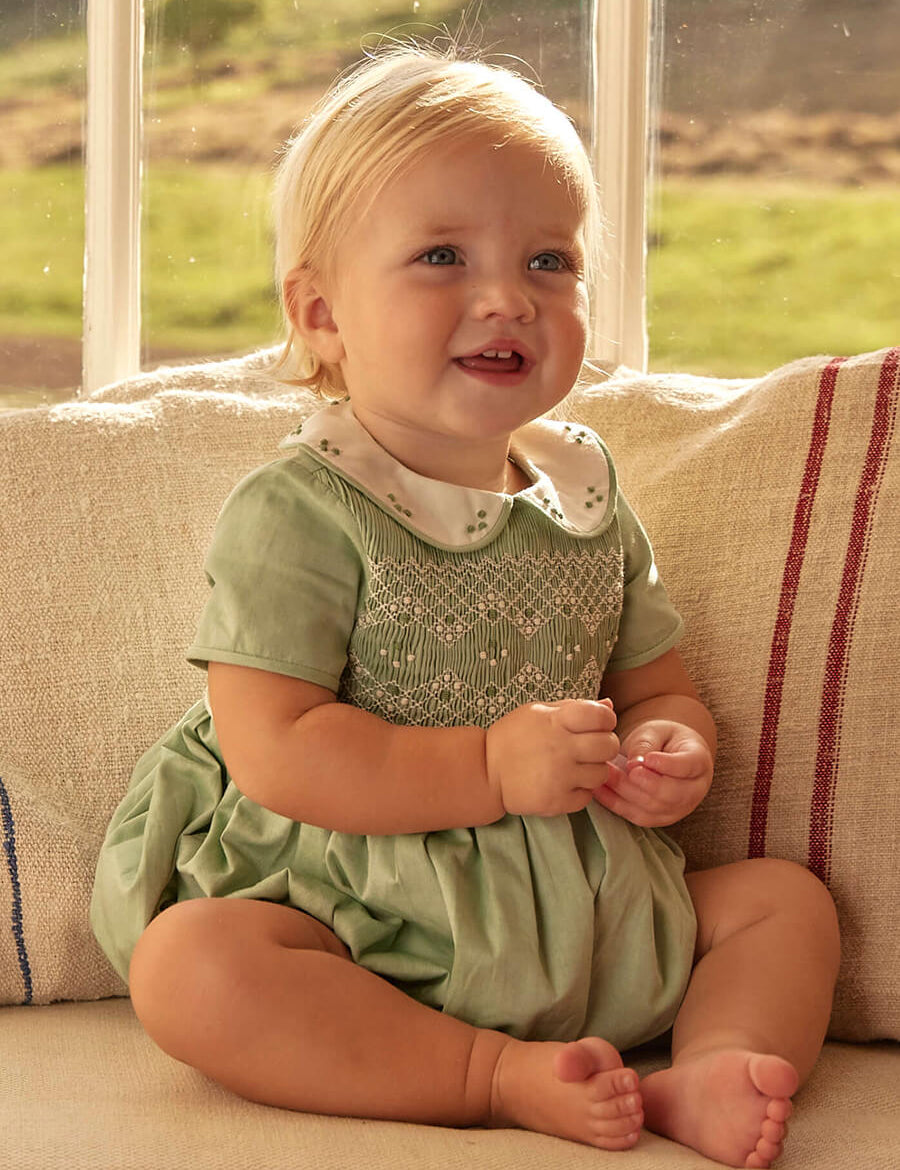 Peter Pan Collar Hand Smocked Short Sleeve Romper in Green (3mths-2yrs) Rompers from Pepa London US